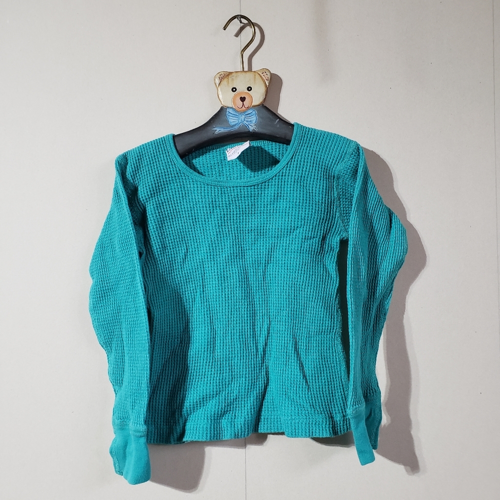 4/$20 Vintage children's teal blue green waffle long sleeve tee tshirt, size 6